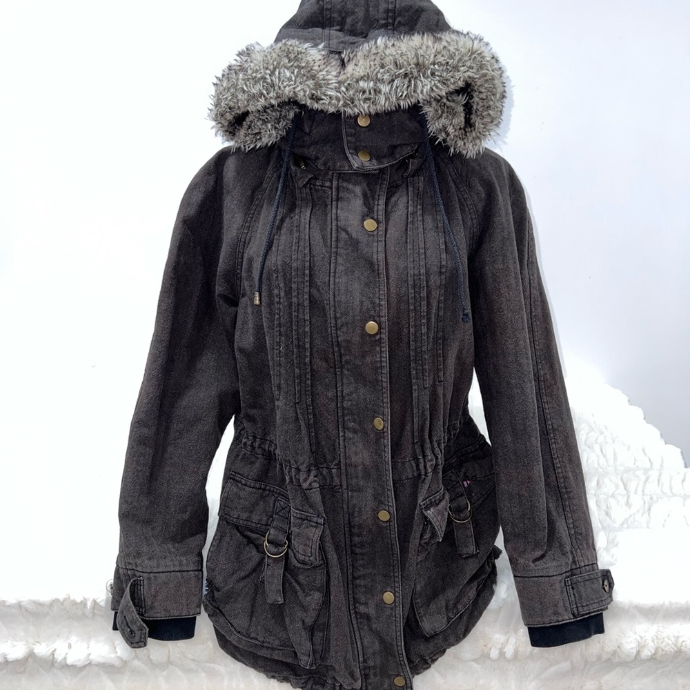Free People Charcoal Utility Jacket with Faux Fur Hood